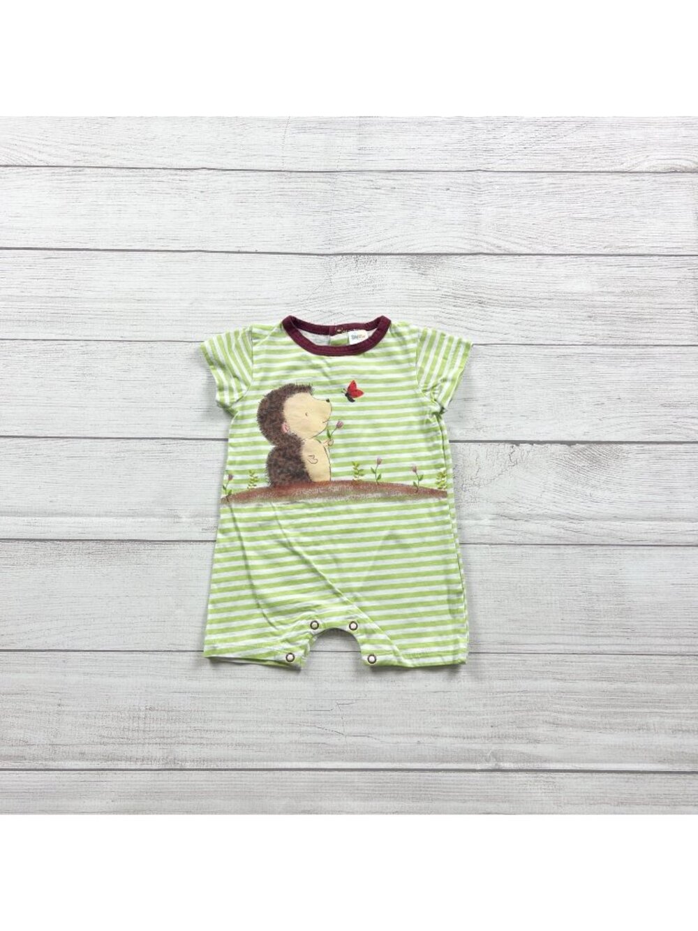 Peppy Mini Baby Romper Green Striped Short Sleeve Hedgehog Print 3-6 Months